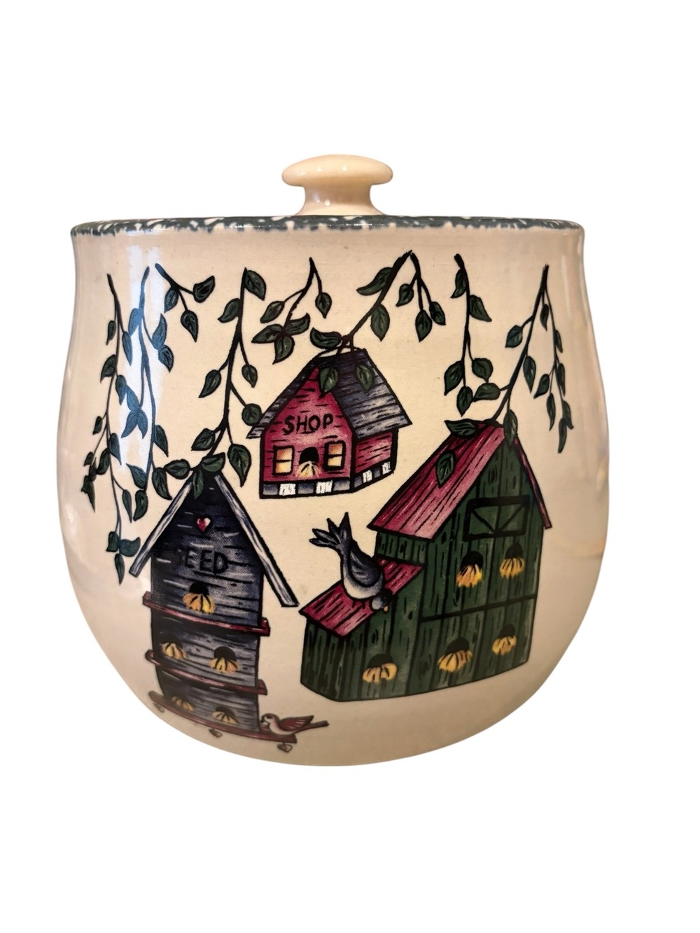 Vintage Home and Garden bean-pot stoneware“birdhouse” cookie/storage jar